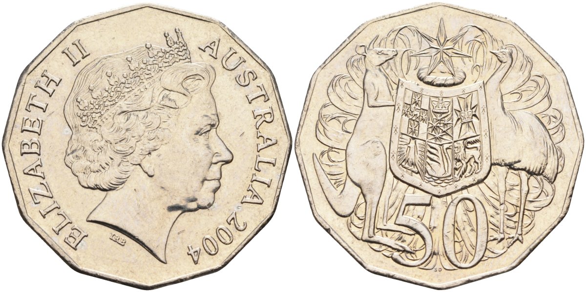 Австралия 50 центов 2004 Елизавета II (1952-2022), герб, кенгуру KM 404 медно-никель 4131-815
