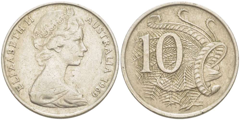 Австралия 10 центов 1968 Елизавета II (1952-), птица лирахвост KM 65 медно-никель 4521-215