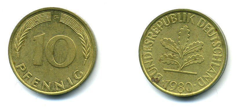 ФРГ 10 ПФЕННИГОВ 1980 G KM 108, J.383 сталь плакированная латунью 46-1317