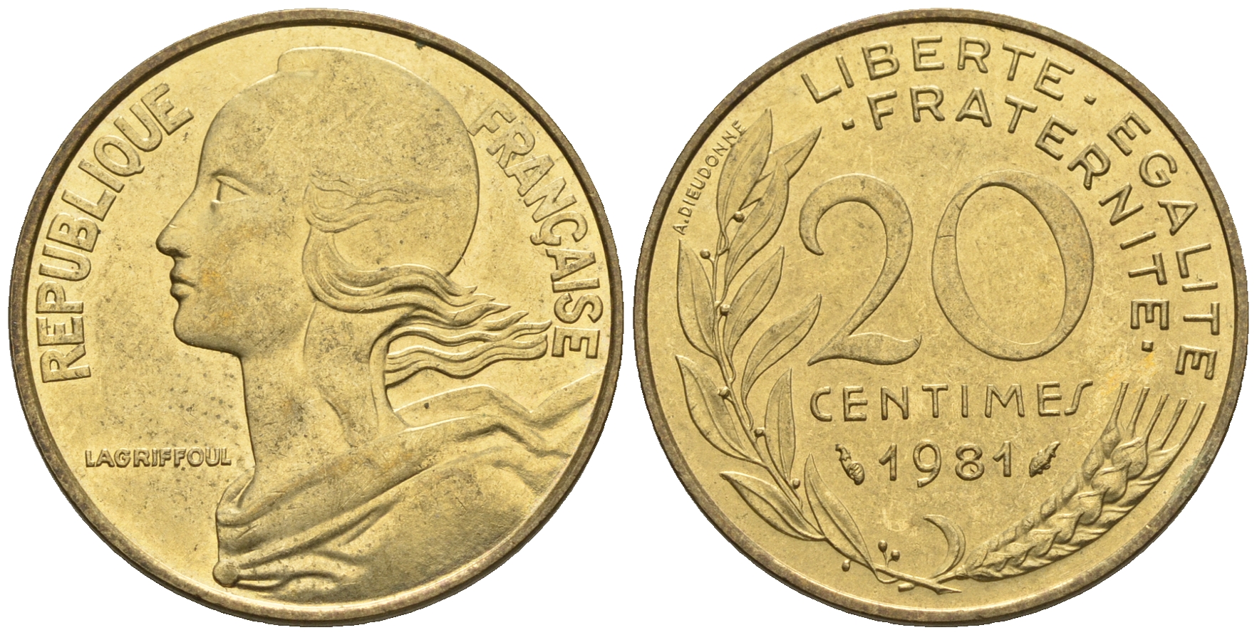 Франция 20 сантимов 1981 тип Marianne KM 930 медь алюминий никель 85-117