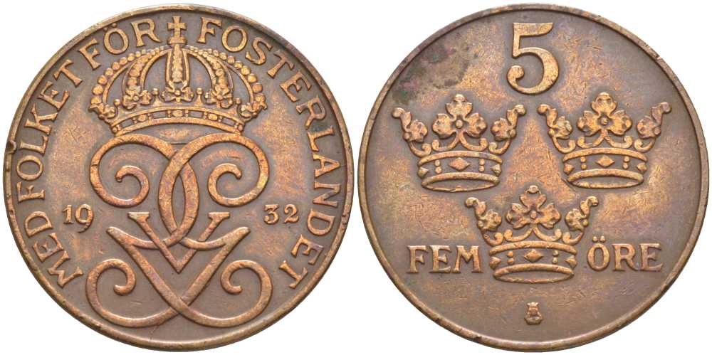 Швеция 5 эре 1932 Густав V (1907-1950) KM 779.2 бронза 115-844