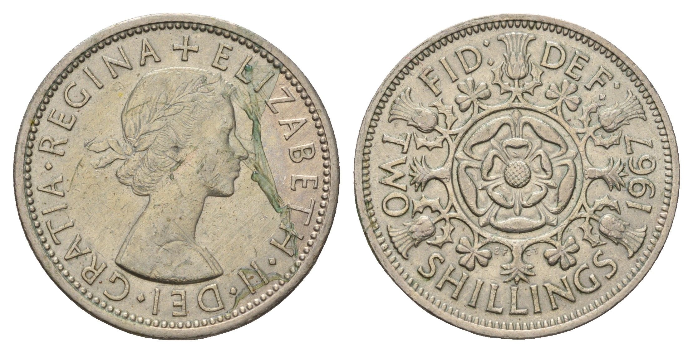 Великобритания 2 шиллинга (флорин) 1967 Елизавета II (1952-2022) KM 906, Spink 4146 медно-никель 4183-645