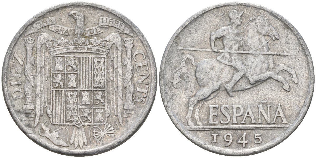 Испания 10 сентимо 1945 Франсиско Франко (1939 - 1975) KM 766 алюминий 4155-237