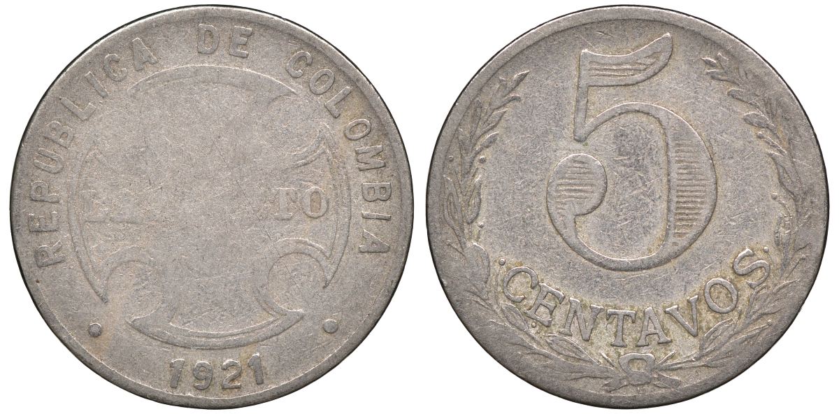 Колумбия 5 сентаво 1921 государственный лепрозорий KM L11 медно-никель 53-1047