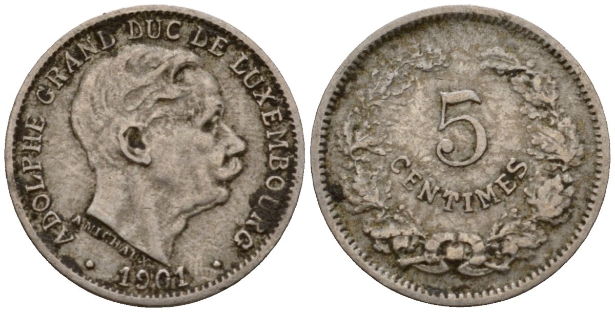 Люксембург 5 сантимов 1901 герцог Адольф (1890-1905) KM 24 медно-никель 4602-334
