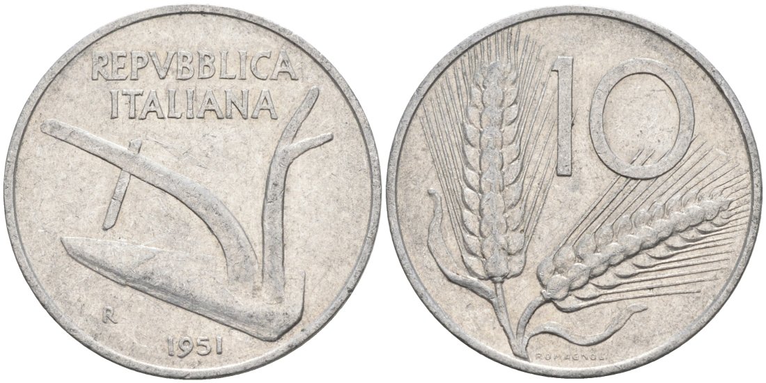 Италия 10 лир 1951 R, плуг KM 93 алюминий 51-2654