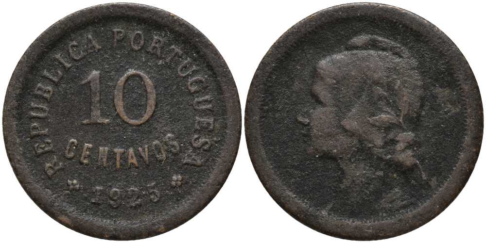 ПОРТУГАЛИЯ 10 СЕНТАВО 1925 РЕСПУБЛИКА, ГОЛОВА СВОБОДЫ ВЛЕВО КМ 573 бронза 202-323
