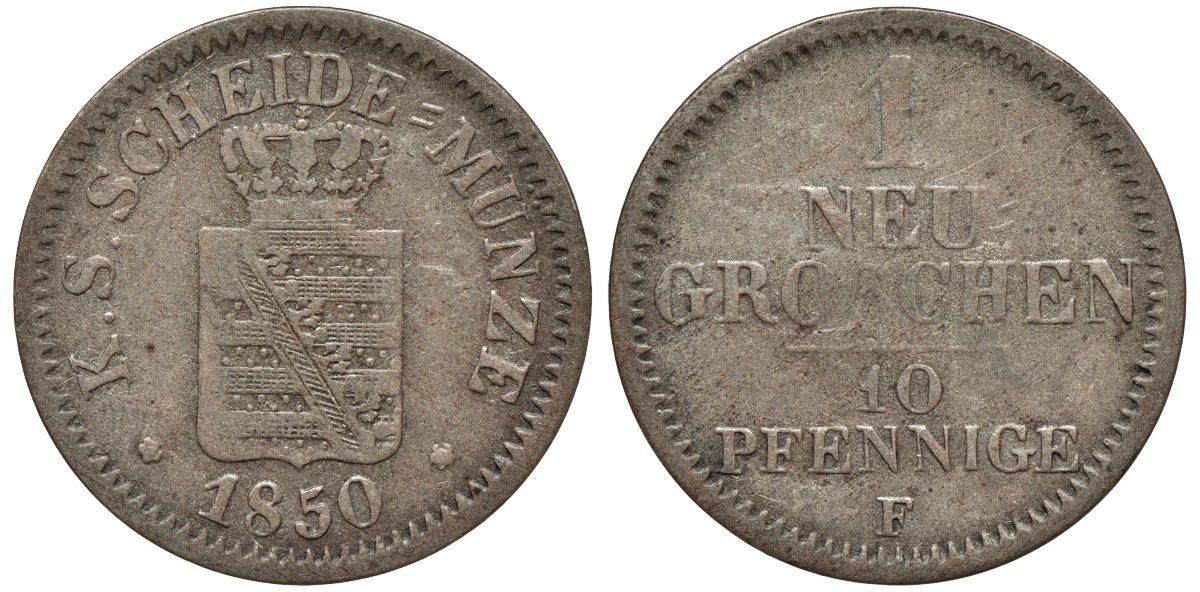 Саксония 1 новый грош - 10 пфеннигов 1850 Фридрих Август II (1797-1854) KM 1159, J. 82 серебро 75-131