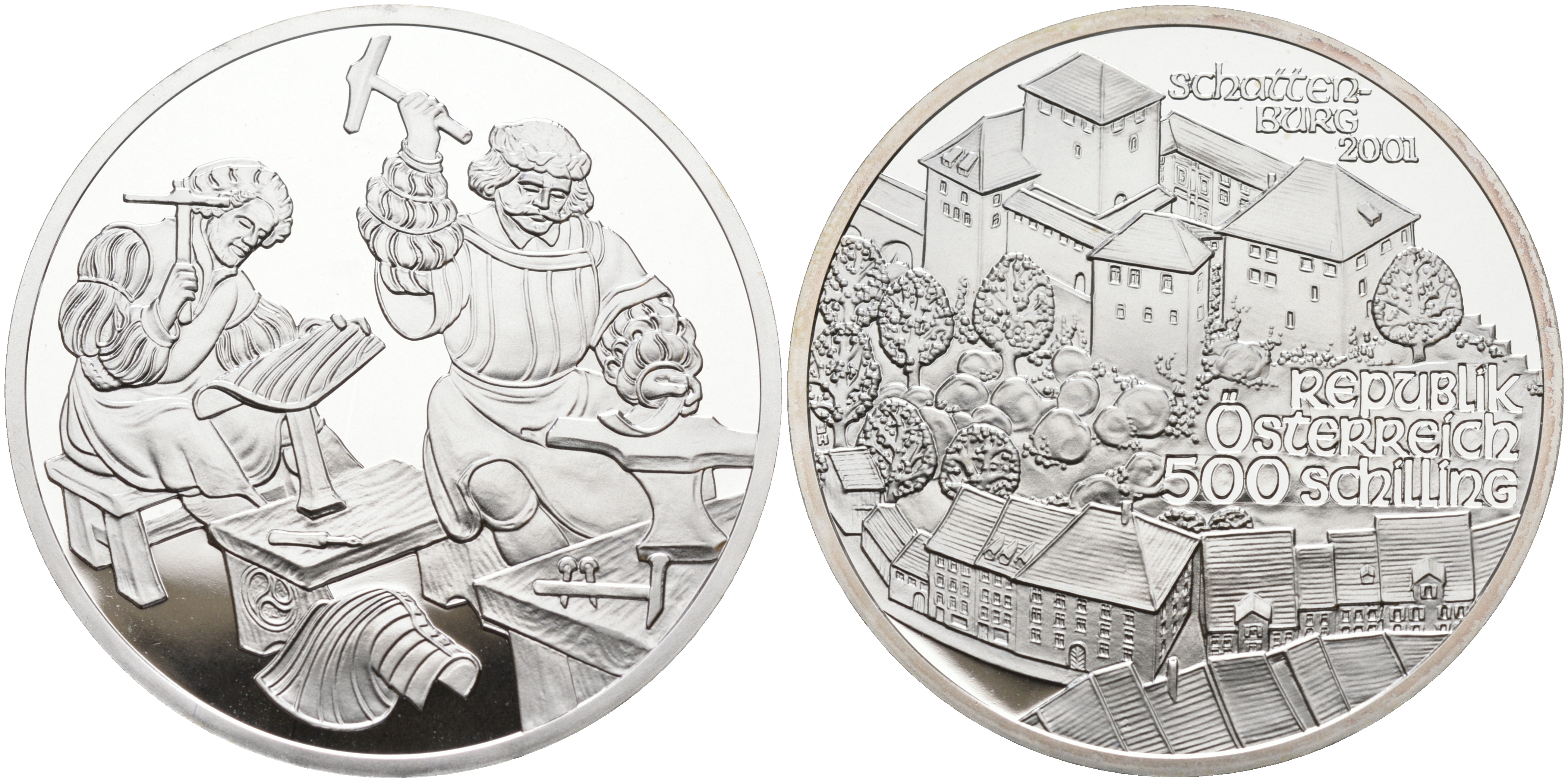 Австрия 500 шиллингов 2001 замок Шаттенбург, кузнецы KM 3080 серебро  PROOF  01-167-15