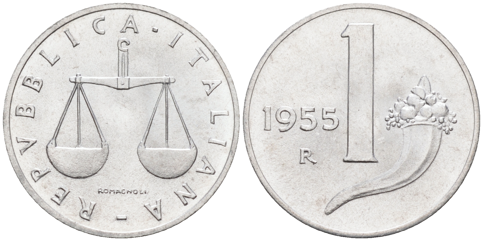 Италия 1 лира 1955 R, весы KM 91 алюминий  UNC  4594-737