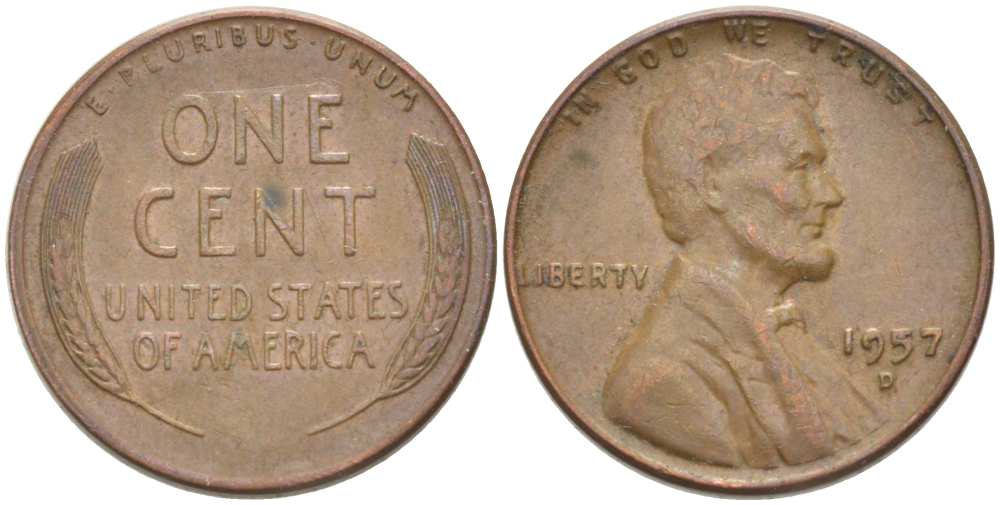 США 1 ЦЕНТ 1957 D, ЛИНКОЛЬН KM А132 медь цинк 218-1041