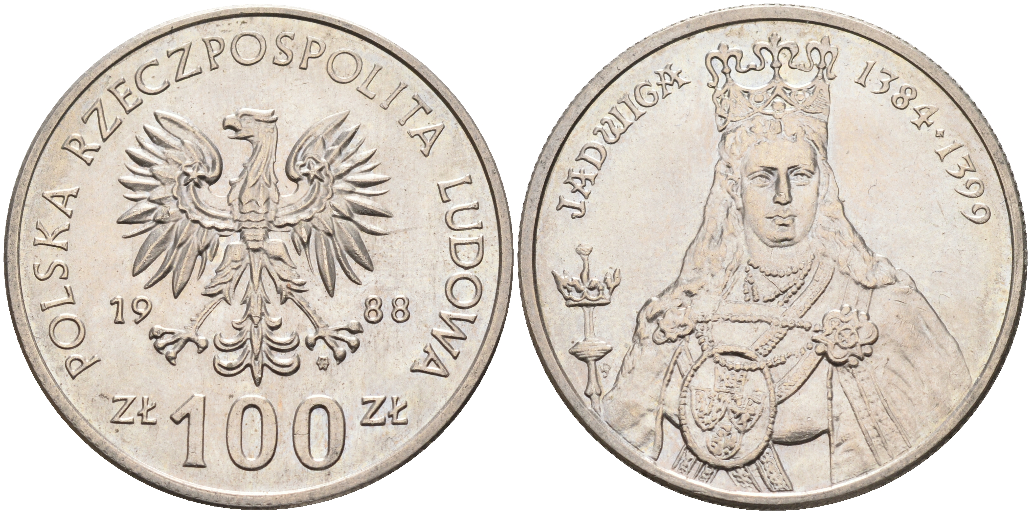 Польша 100 злотых 1988 MW, серия Польские правители, королева Ядвига (1384-1399) KM 183 медно-никель 63-922