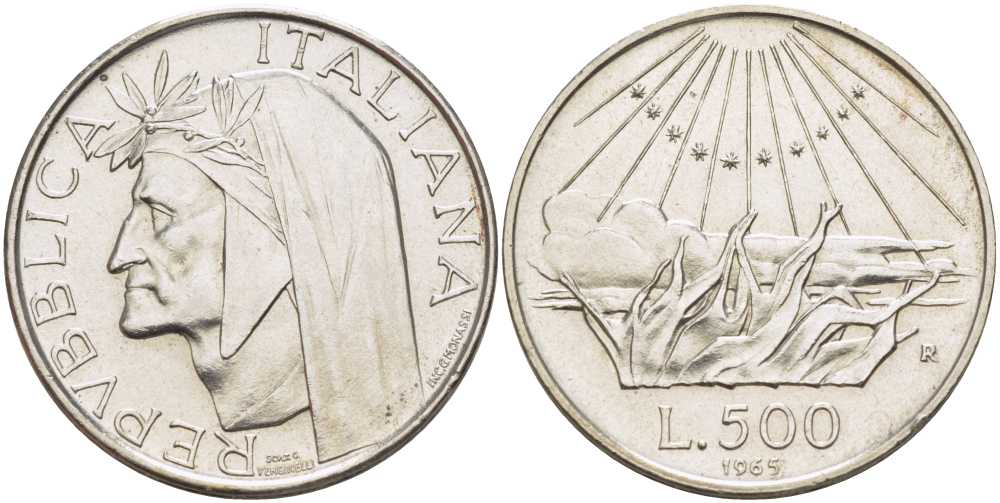 Италия 500 лир 1965 R, 700 лет со дня рождения поэта Данте Алигьери KM 100 серебро 89-814