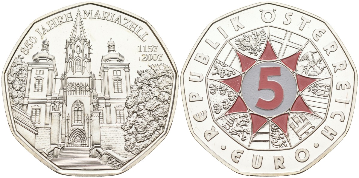 Австрия 5 евро 2007 850 лет городу Мариацелль, церковь, с цветной эмалью KM 3145 серебро UNC 02-227-23