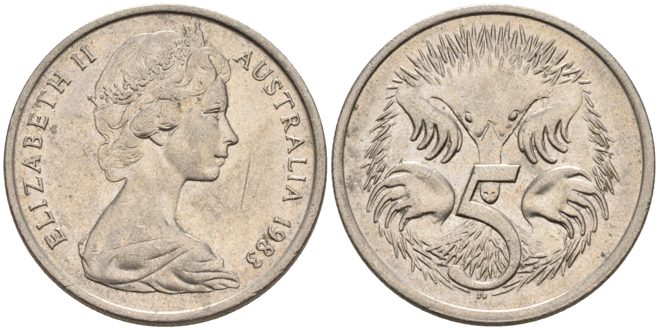 АВСТРАЛИЯ 5 ЦЕНТОВ 1983 ЕЛИЗАВЕТА II, МОЛОДОЙ ПОРТРЕТ, ЕХИДНА KM 64 медно-никель 4564-111