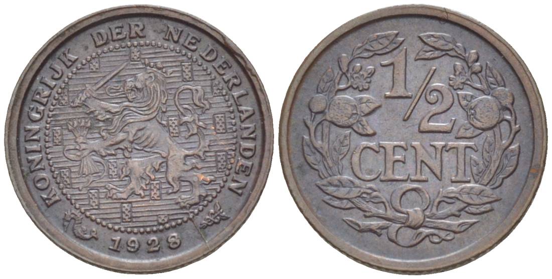 НИДЕРЛАНДЫ 1/2 ЦЕНТА 1928 ВИЛЬГЕЛЬМИНА I (1891-1948) KM 138 бронза 4547-1247