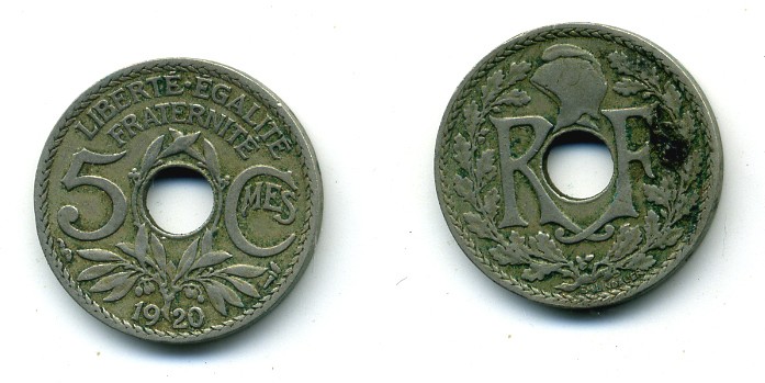 ФРАНЦИЯ 5 САНТИМОВ 1920 KM 865 медно-никель 84-327