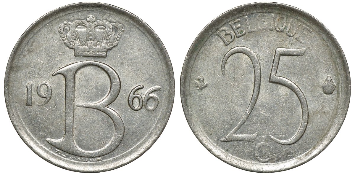 Бельгия 25 сантимов 1966 Belgie, Бодуэн I (1951-1993) KM 154.1 медно-никель 72-645