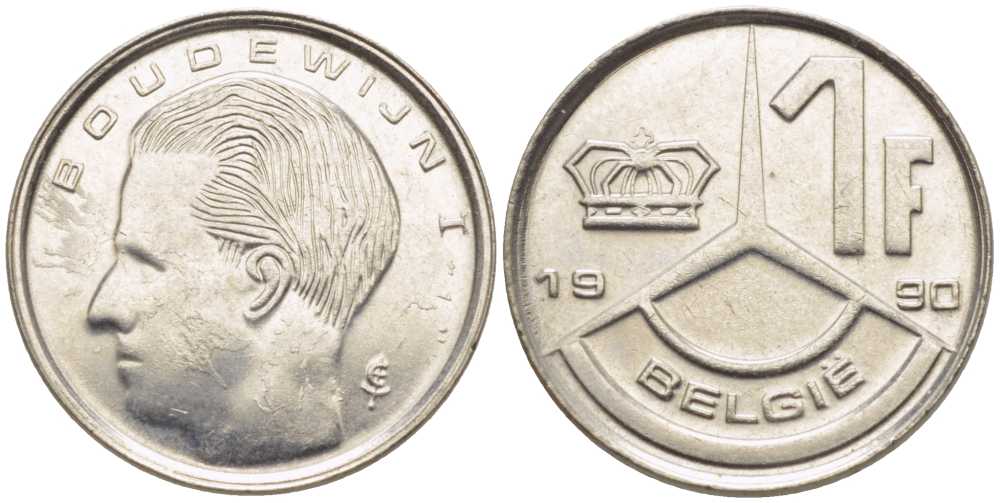 Бельгия 1 франк 1990 Belgie, Бодуэн I (1951-1993) KM 171 нержавеющая сталь 116-1041