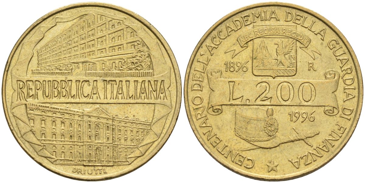 Италия 200 лир 1996 R, 100 лет Академии таможенной службы KM 184 алюминиевая бронза 4126-127