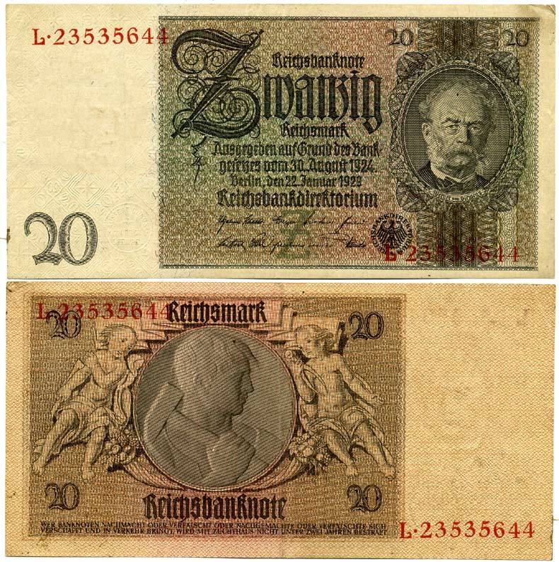 ГЕРМАНИЯ 20 РЕЙХСМАРОК 1929 Pick 181a бумага 3295-73-1