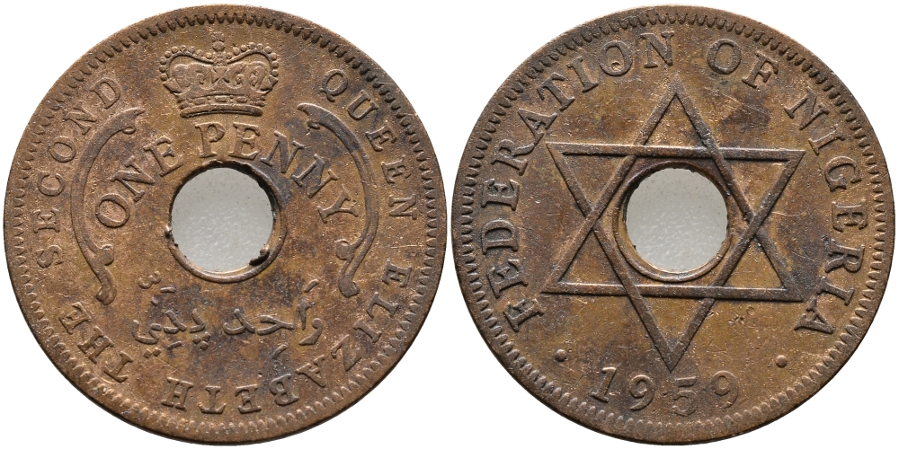 Нигерия 1 пенни 1959 Елизавета II (1952-), Британский протекторат KM 2 бронза 51-254