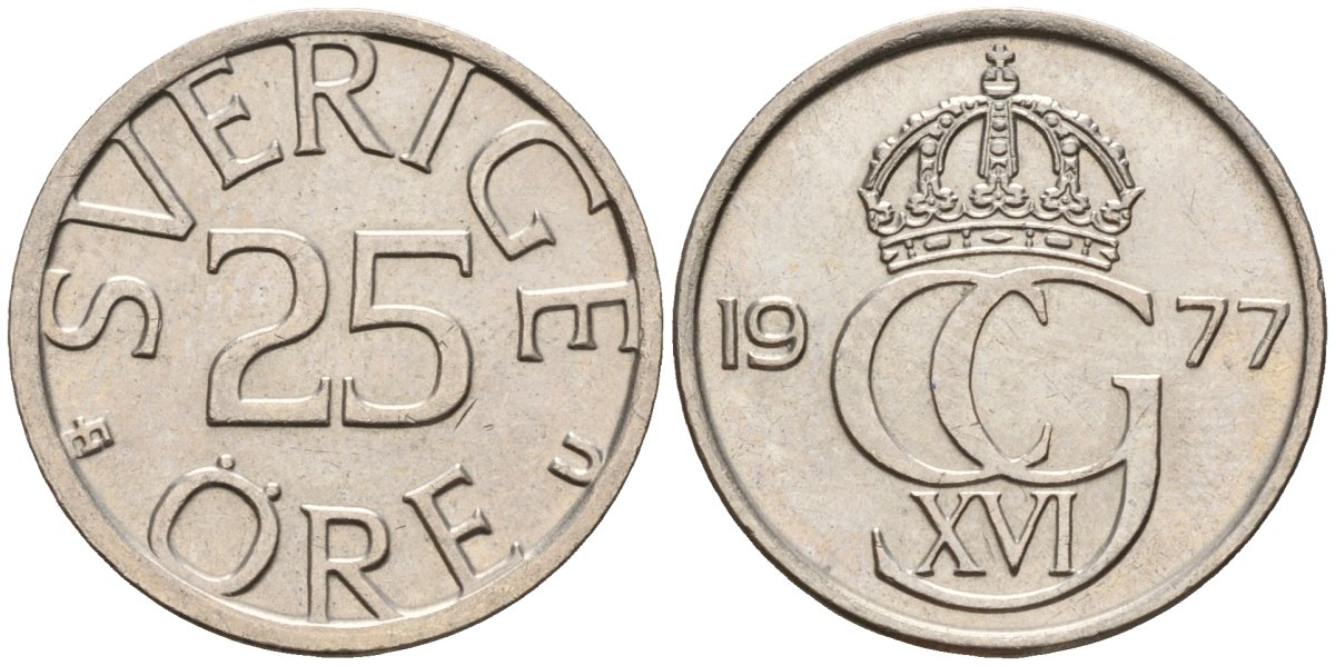 Швеция 25 эре 1977 U, Карл XVI Густав (1973- ) KM 851 медно-никель 4147-1123