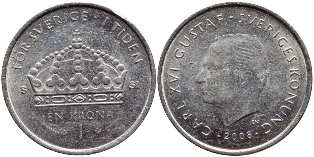 Швеция 1 крона 2008 Карл XVI Густав (1973- ) KM 894 медно-никель 87-117