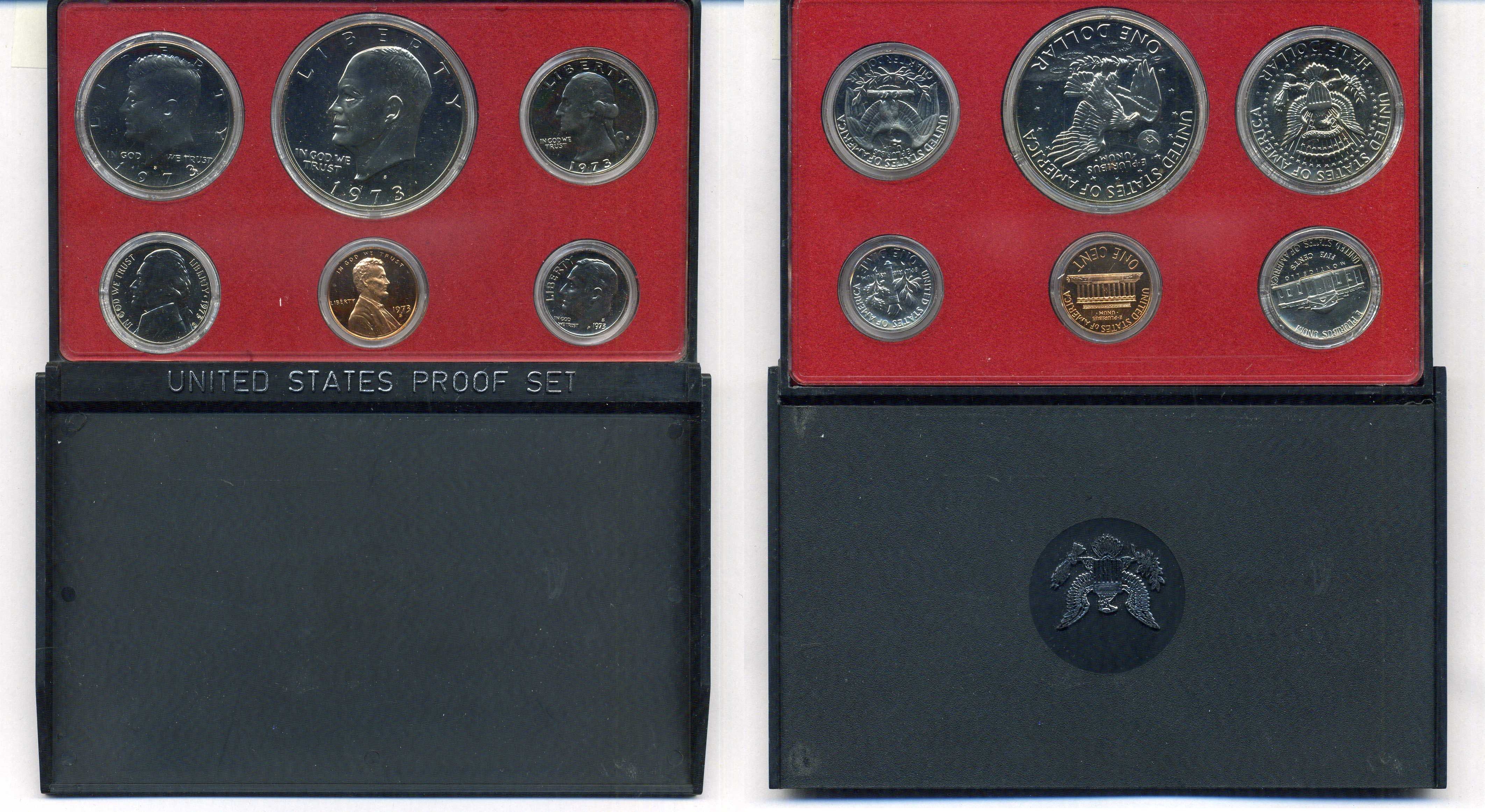 США годовой набор из 6 монет (1, 5, 10, 25 и 50 центов; 1 доллар) 1973 в оригинальной упаковке KM PS135 (164a, A192, 195a, 201, 202b и 203a) PROOF 8-2-02-22