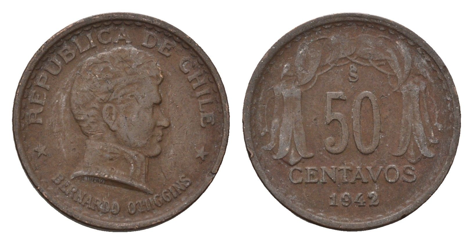 Чили 50 сентаво 1942 год-тип KM 178 медь 4685-849