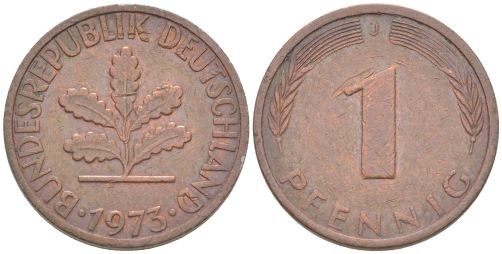 ФРГ 1 ПФЕННИГ 1973 J KM 105, J. 380 сталь плакированная медью 4181-567