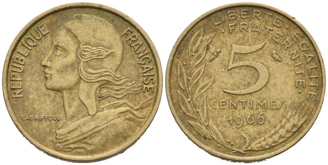 Франция 5 сантимов 1966 ТИП MORLON KM 933, Le Franc 125.2 медь алюминий никель 4564-764