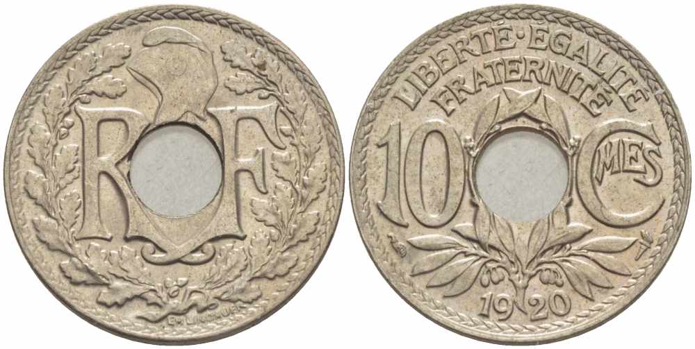 ФРАНЦИЯ 10 САНТИМОВ 1920 ТИП ЛИНДАЙЁ KM 866а, LE FRANC 138.4 медно-никель 108-131