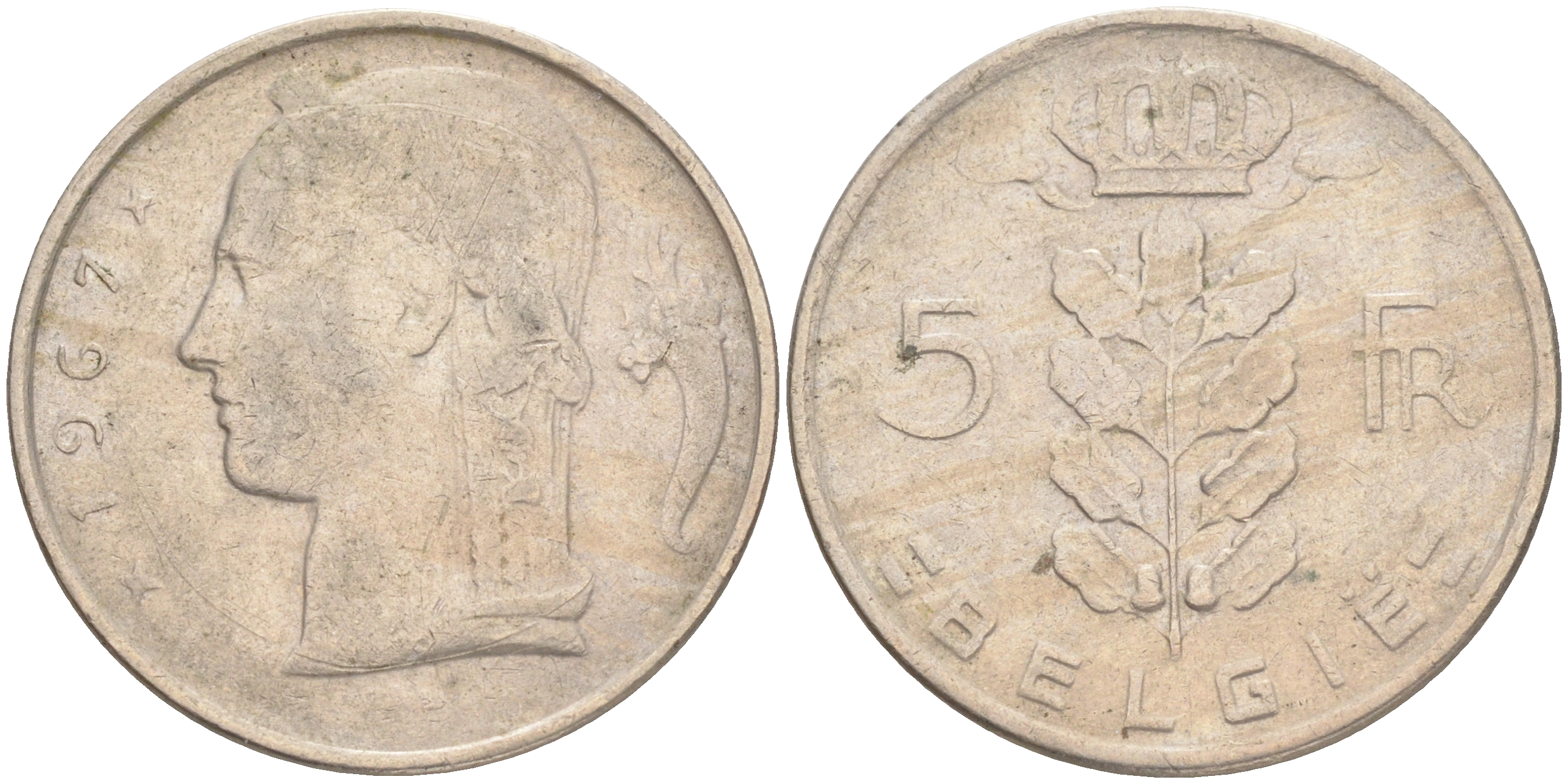 Бельгия 5 франков 1967 Belgie, Бодуэн I (1951-1993) KM 135.1 медно-никель 4556-423