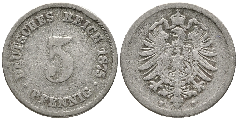 ГЕРМАНИЯ 5 ПФЕННИГОВ 1875 F, СТАРОГЕРБОВКА KM 3, J. 3 медно-никель 39-346