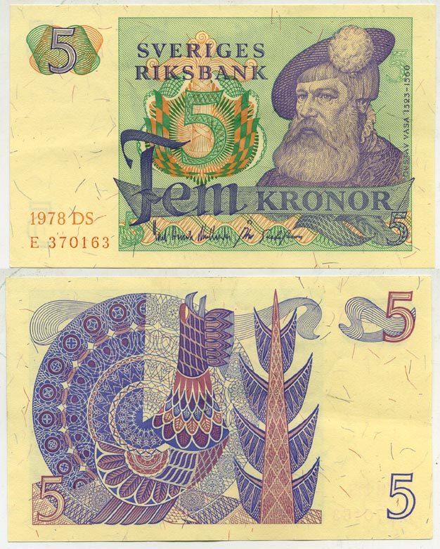 Швеция 5 крон 1978 DS, Густав I Ваза Pick 51d бумага aUNC 444-88-2