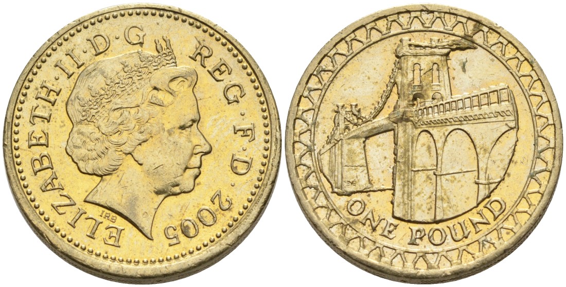 Англия 1 фунт 2005 ВИСЯЧИЙ МОСТ ЧЕРЕЗ МИНАЙ В УЭЛЬСЕ KM 1051, Spink 4596 никель латунь 88-531