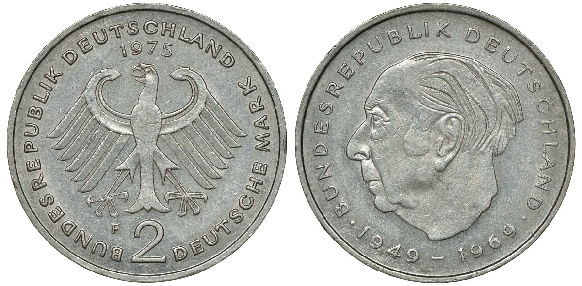 ФРГ 2 МАРКИ 1975 F, ТЕОДОР ХОЙС KM 127, J. 407 медно-никель плакированный никелем плакированный никелем UNC 72-552