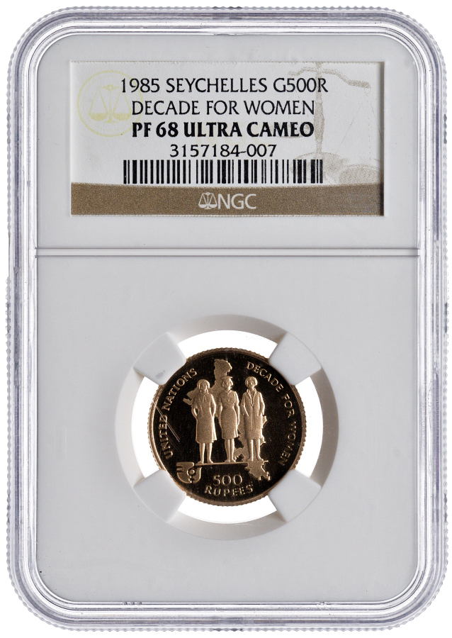 Сейшельские острова 500 рупий 1985 год женщины, в слабе NGC PR 68 ULTRA CAMEO, тираж 500 экземпляров KM 62 золото  PROOF  15-005-05