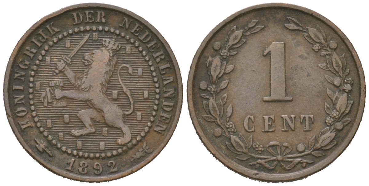 Нидерланды 1 цент 1892 Вильгельмина (1890-1948) KM 107 бронза 4154-464