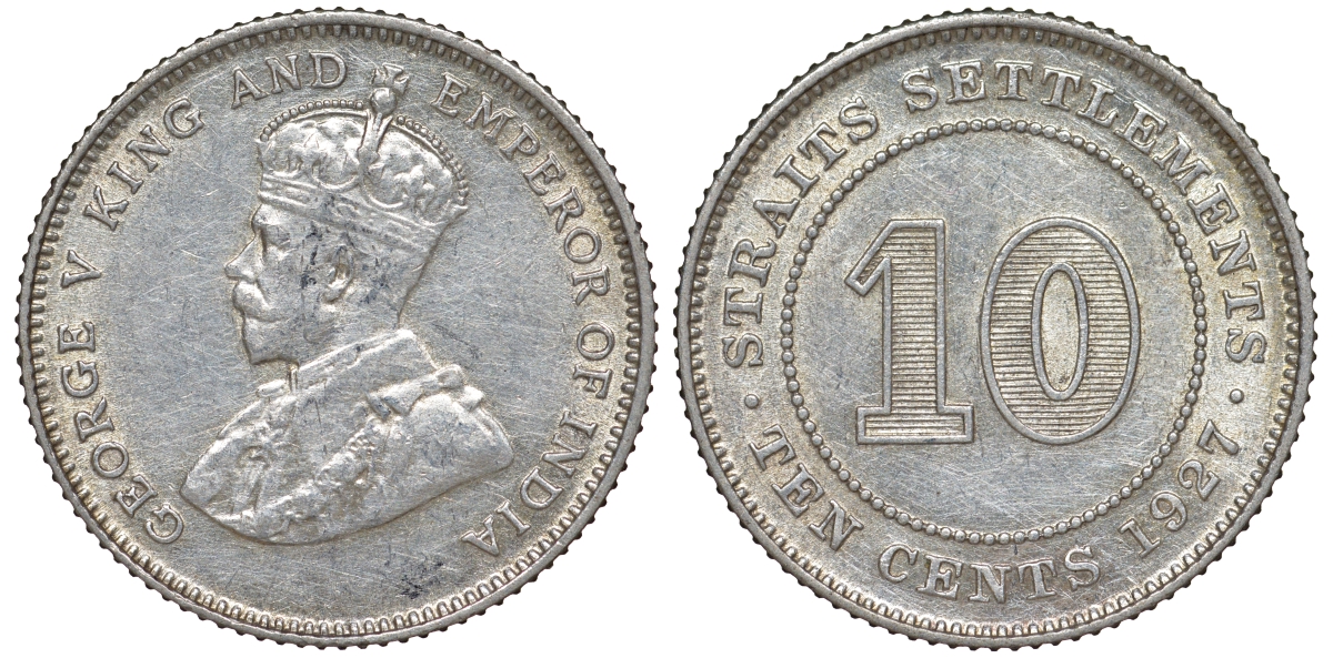 Стрейтс-Сетлментс 10 центов 1927 Георг V (1910-1936) КМ 29b серебро 53-721