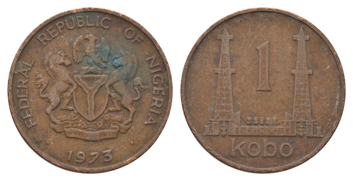 Нигерия 1 кобо 1973 нефтяные вышки KM 8.1 бронза 4628-851