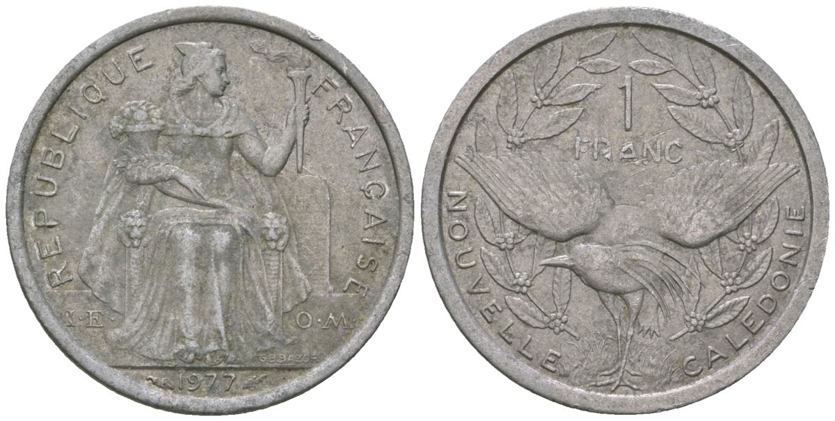 Французская Новая Каледония 1 франк 1977 птица кагу, (IEOM) KM 10, Schoen 10, Lec 40 алюминий    51-953