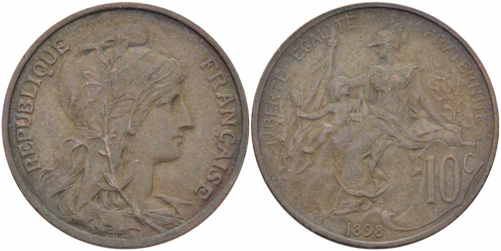ФРАНЦИЯ 10 САНТИМОВ 1898 ТИП ДАНИЭЛЬ ДЮПЮИ KM 843, LA FRANC 136.6 бронза 109-116