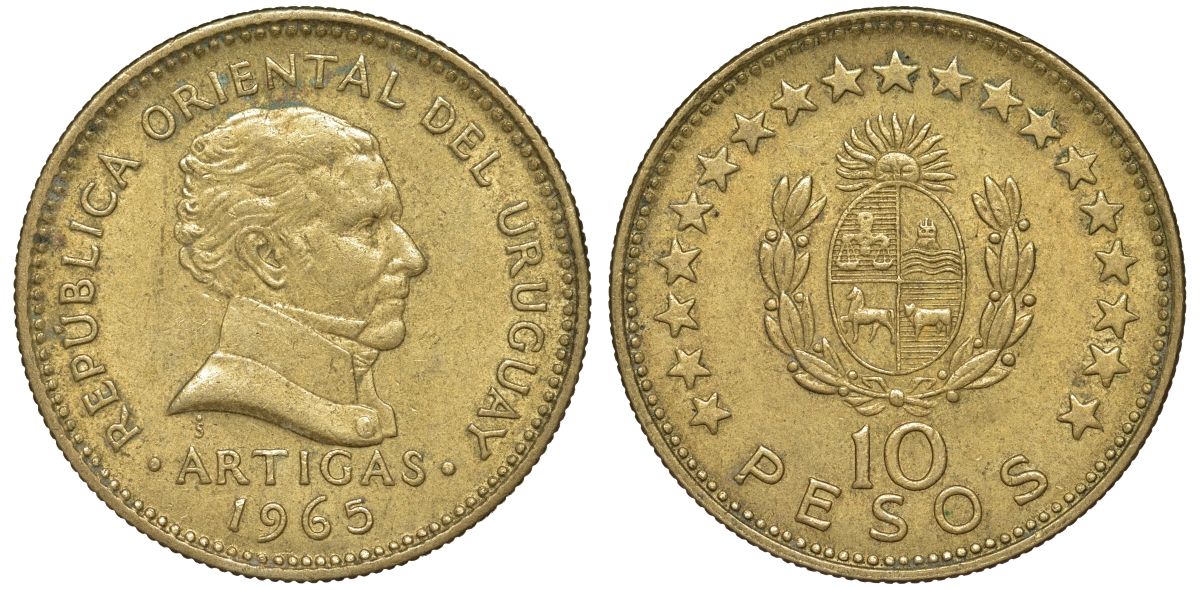 Уругвай 10 песо 1965 KM 48 алюминиевая бронза 4574-1231