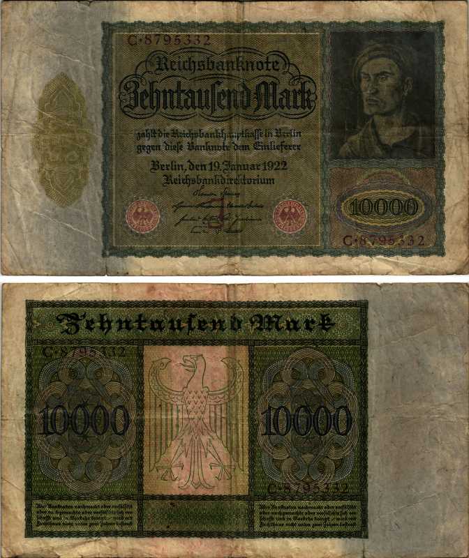 Германия 10000 марок 1922 Альбрехт Дюрер, серия C, литера J Pick 70, Розенберг 68а бумага 6318-20-1