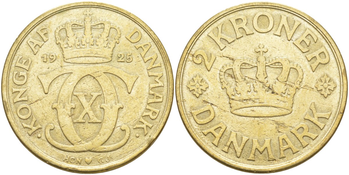 Дания 2 кроны 1925 HCN; GJ, Кристиан X (1912-1947) KM 825.2 алюминиевая бронза 4111-435