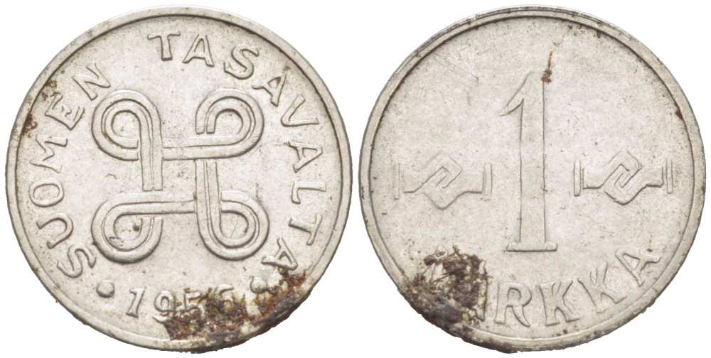 ФИНЛЯНДИЯ 1 МАРКА 1956 KM 36а железо плакированное никелем 218-1222