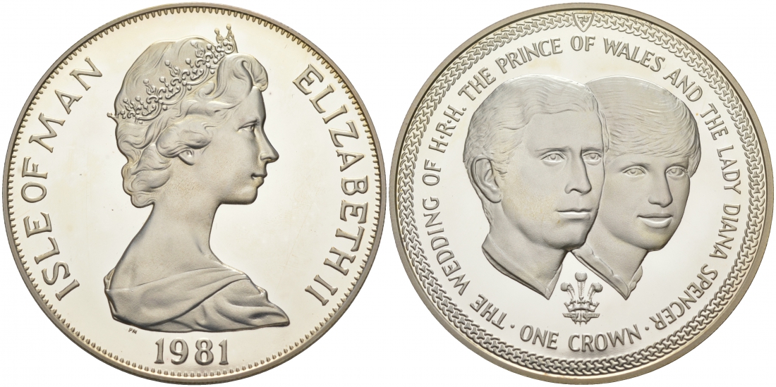Остров Мэн 1 крона 1981 Королевская свадьба принца Чарльза и леди Дианы, портреты KM 82a серебро PROOF 02-056-34