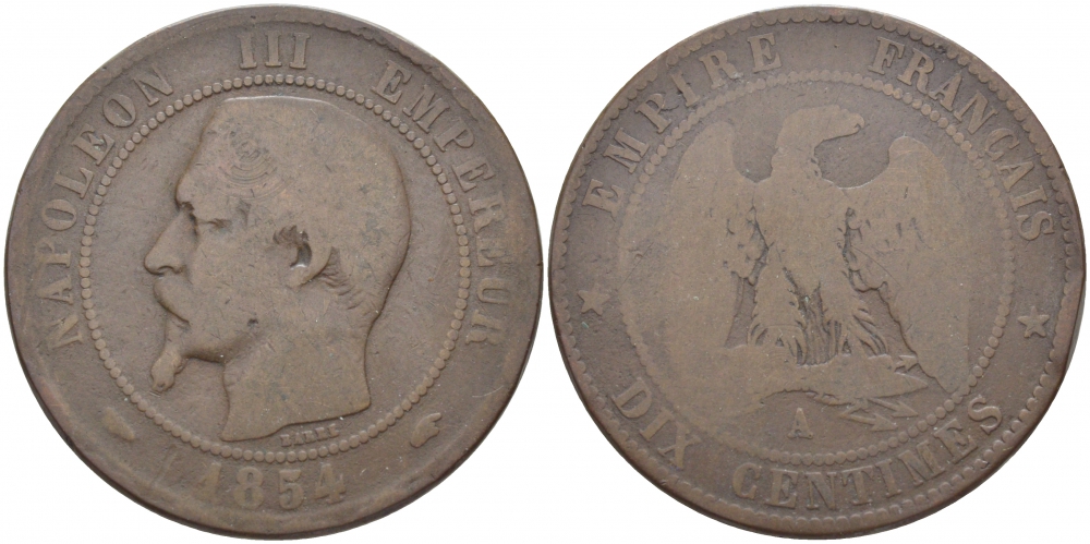ФРАНЦИЯ 10 САНТИМОВ 1854 A, НАПОЛЕОН III (1852-1870) KM 771.1 бронза 114-723